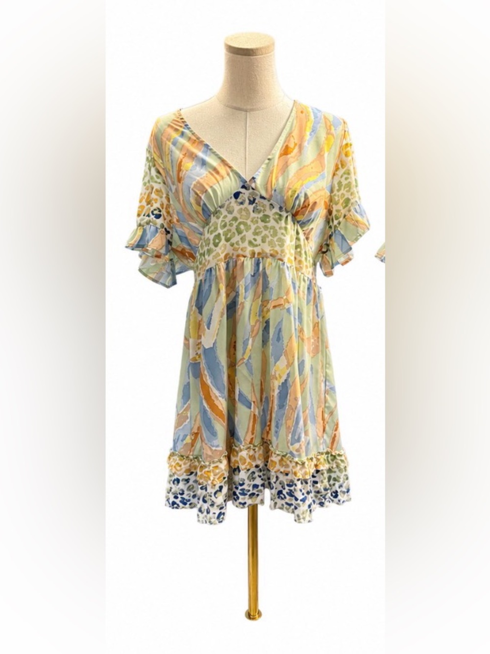 Umgee USA Large Boho Mixed Print Babydoll Dress Watercolor Animal Print Ruffle